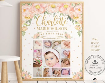Baby Girl First Year Photo Collage, EDITABLE TEMPLATE, Peach Floral Gold 1st Birthday Milestone Sign Printable, Decor, INSTANT Download, PF2