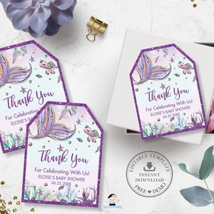 EDITABLE TEMPLATE Mermaid Thank You Tags, Favors, Mermaid Tail Printable, Baby Shower Girl, Birthday, Under the Sea, Pdf Purple Glitter, MT2