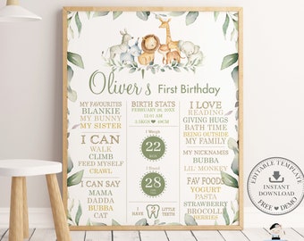 Jungle Animals Greenery 1st Birthday Milestone Sign, EDITABLE TEMPLATE, Chic Forest Neutral Boy Birth Stats Decor Pdf, INSTANT Download, JA5