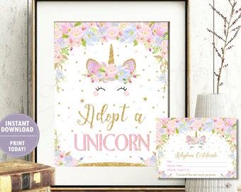 Adopt a Unicorn Sign and Adoption Certificate Cards, Unicorn Birthday Party Favors, Cute, Floral, Pink, Blue, Gold, INSTANT DOWNLOAD UB2