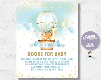 Hot Air Balloon Bring a Book Instead of a Card Insert, Cute Jungle Animals Books for Baby Boy Enclosure Card Printable, INSTANT DOWNLOAD HB5