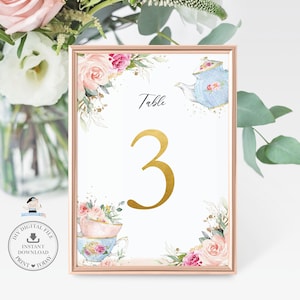 Blush Pink Floral High Tea Party Table Numéro 1-20 Signes imprimables, TÉLÉCHARGEMENT INSTANTANÉ, Théière Royal Bridal Baby Shower Birthday Party, TP5