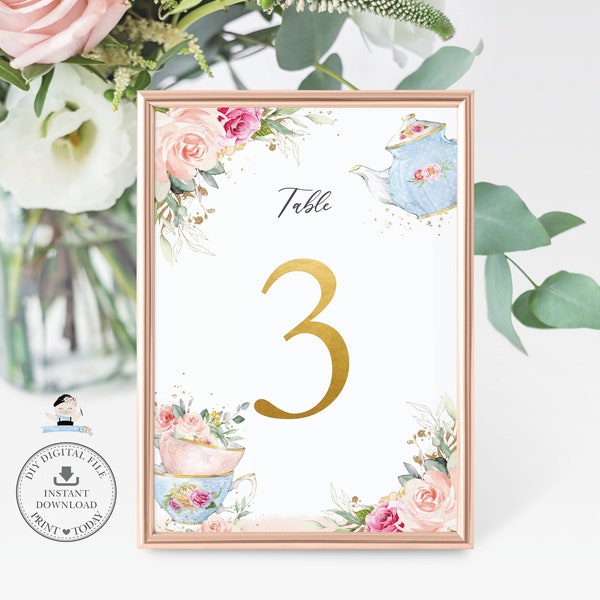 Blush Pink Floral High Tea Party Table Number 1-20 Printable Signs, INSTANT DOWNLOAD, Teapot Royal Bridal Baby Shower Birthday Party, TP5