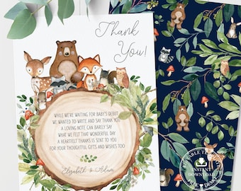 Könnte beinhalten: Dankeskarte mit einer Aquarell-Illustration von Waldtieren, die einen Baumstumpf umgeben. Der Text lautet "Danke!" und "Während wir auf das Debüt des Babys warten, wollten wir uns bei Ihnen bedanken. Ein liebevolles Wort kann kaum sagen, was wir an diesem wundervollen Tag empfunden haben. Ein herzliches Dankeschön geht an Sie für Ihre liebevollen Geschenke und Wünsche. Elizabeth & Adam"