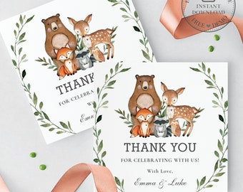 Woodland Favor Tags, EDITABLE TEMPLATE, Rustic Greenery Forest Animals Baby Shower Birthday Thank You Label Printable, INSTANT Download, WG7