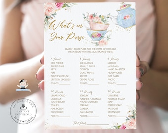 Tea Party Qu’y a-t-il dans votre sac à main Jeu de douche nuptiale TÉLÉCHARGEMENT INSTANTANÉ, vintage Blush Floral High Tea Icebreaker Activity DIY Imprimable TP5