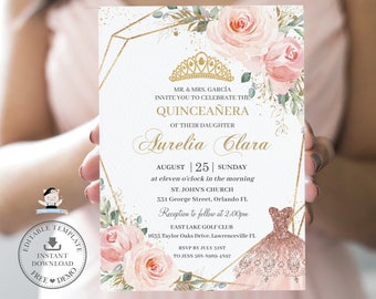 EDITABLE TEMPLATE, Quinceanera Mis Quince Anos, Chic Blush Pink Floral Rose Flowers Dress, 15th Birthday Invitation, INSTANT Download, QC1