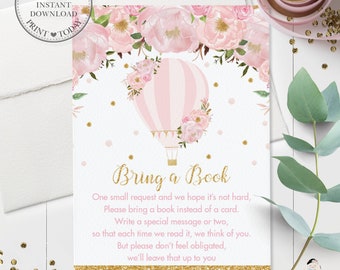 Books for Baby, INSTANT DOWNLOAD, Blush Pink Floral Hot Air Balloon Baby Shower Bring a Book Instead of a Card Printable, Gold Glitter, HB2