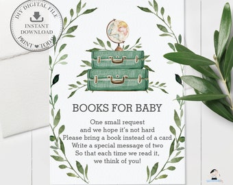 Bring a Book Instead of a Card, INSTANT DOWNLOAD, Greenery Adventure Baby Shower Books for Baby Card Printable, Travel Luggage Suitcase, BM1