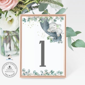 Cartes de numéro de table d’éléphant imprimables, MODÈLE MODIFIABLE, Eucalyptus neutre en matière de genre, baby shower de verdure, fête de 1er anniversaire, INSTANT EP15
