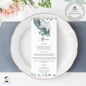 Elefant Menü druckbare, EDITIERBARE VORLAGE, niedliche Dschungel Tiere Eukalyptus grün Junge Baby Shower Geburtstag Diy, SOFORTIGER Download Pdf, EP10