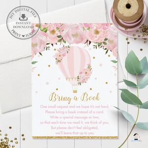Livros para bebês, DOWNLOAD INSTANTÂNEO, chá de bebê com balão de ar quente floral rosa blush Traga um livro em vez de um cartão para impressão, glitter dourado, HB2