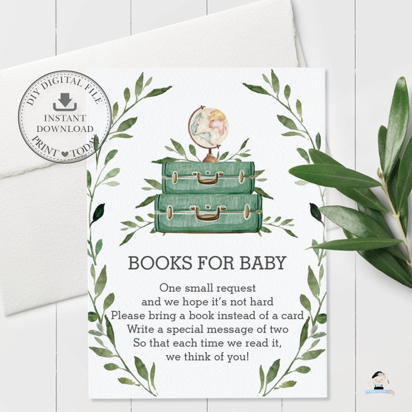 Bring a Book Instead of a Card, INSTANT DOWNLOAD, Greenery Adventure Baby Shower Books for Baby Card Printable, Travel Luggage Suitcase, BM1