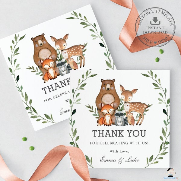 Woodland Favor Tags, EDITABLE TEMPLATE, Rustic Greenery Forest Animals Baby Shower Birthday Thank You Label Printable, INSTANT Download, WG7