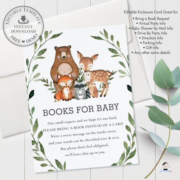 EDITABLE TEMPLATE Woodland Animals Greenery Bring a Book instead of a Card Virtual Baby Shower by Mail Extra Info Card Printable INSTANT WG7