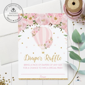 Sorteio de fraldas, DOWNLOAD INSTANTÂNEO, balão de ar quente floral rosa blush para chá de bebê, cartão de inserção para impressão, glitter dourado, HB2