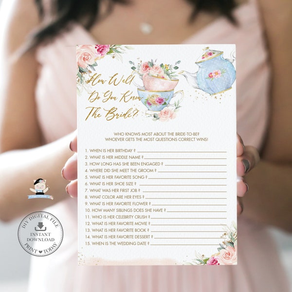 How Well You Know the Bride Game Printable, INSTANT DOWNLOAD, Vintage Roses High Tea Party Blush Pink Floral Fun Bridal Shower Activity, TP5