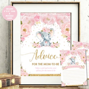 Conselhos sobre elefantes para mães serem pais, cartões de sinalização e anotações, atividade de jogo de chá de bebê floral rosa para impressão, DOWNLOAD INSTANTÂNEO, EP5