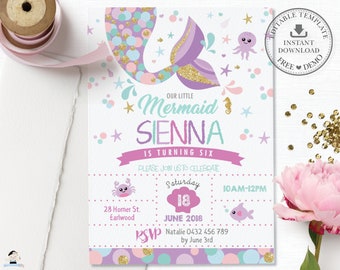 Mermaid Invitation, EDITABLE TEMPLATE, 1st First Birthday Party, Mermaid Tail Printable, Purple Turquoise Gold Glitter, INSTANT Download MT1