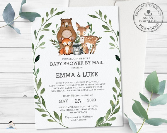 Woodland Invitation, EDITABLE TEMPLATE, Rustic Greenery Forest Animals Virtual Baby Shower by Mail Invite Printable, INSTANT Download, WG7 Il_570xn