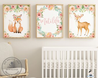 Woodland Animals Nursery Wall Art, EDITABLE Cute Deer Fox Printable, Floral Tribal, Baby Girl, Whimsical Kids Decor Pdf INSTANT DOWNLOAD WG5