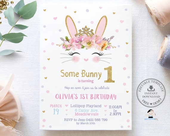 editable-template-cute-bunny-rabbit-invitation-soft-floral-gold