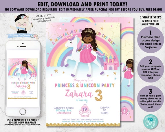 Princess and Unicorn Birthday Party Invitation, African American Princess, Unicorn Printable, Princess Instant EDITABLE TEMPLATE, PU1 Il_570xn