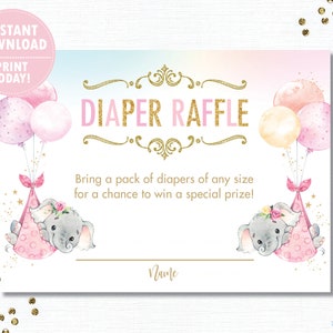 Diaper Raffle, INSTANT DOWNLOAD, Twins Girls Elephant Baby Shower Sprinkle Diaper Raffle Ticket Insert Card, Chic Elephant Printable, EP3