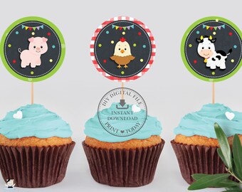 Urocze zwierzęta z farmy w stodole 2" okrągłe babeczki, natychmiastowe pobranie, pierwsze urodziny, upominek na baby shower, naklejka do wydrukowania, BY2