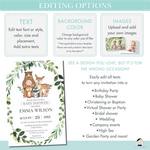 Woodland Invitation, EDITABLE TEMPLATE, Floral Greenery Forest Animals Virtual Baby Shower by Mail Invite Printable, INSTANT Download, WG10 image 4