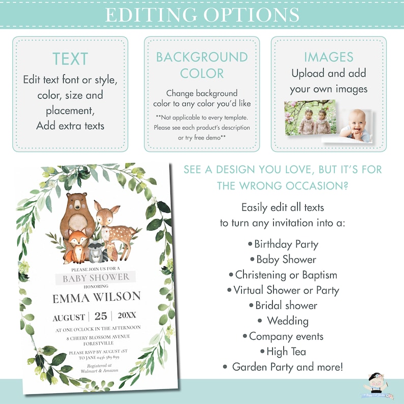 Woodland Invitation, EDITABLE TEMPLATE, Floral Greenery Forest Animals Virtual Baby Shower by Mail Invite Printable, INSTANT Download, WG10 image 4
