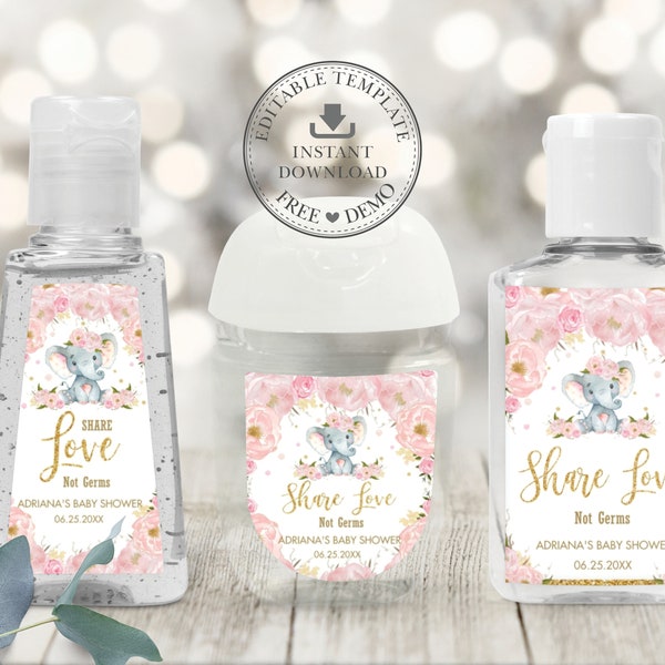 Blush Floral Elefant Händedesinfektionsetiketten, EDITIERBARE VORLAGE, Baby-Dusche-Geburtstags-Lotion-Bevorzugungen druckbar, PocketBac SOFORTIGER Download EP5