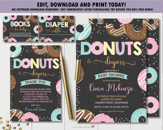 PRINTABLE Baby Shower Invitation, Diapers & Donuts