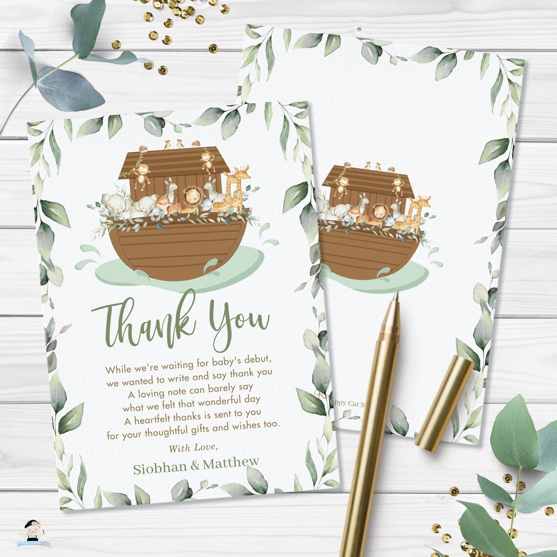 Noah's Ark Greenery Thank You Card Printable EDITABLE - Etsy