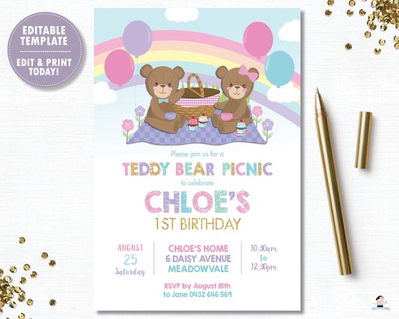 Teddy Bear Picnic Invitation EDITABLE TEMPLATE Teddy Bears Picnic 