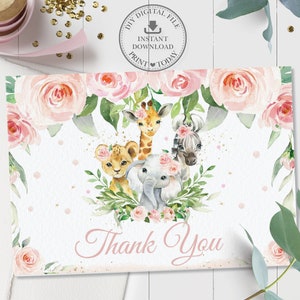 Schicke Dschungel Tiere Faltzelt Dankeskarte, SOFORT DOWNLOAD, Rosa Floral Grün Safari Druckbar, Baby Shower Girl 1. Geburtstag, JA6