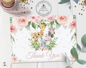 Chic Jungle Animals Folded Tent Thank You Card, INSTANT DOWNLOAD, Pink Floral Greenery Safari Printable, Baby Shower Girl 1st Birthday, JA6