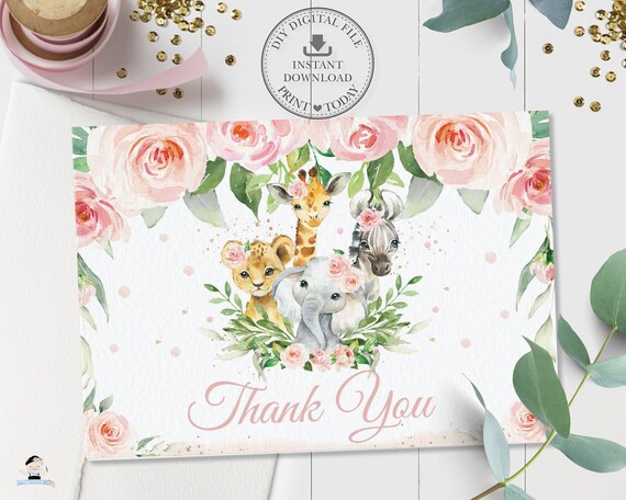 Chic Jungle Animals Folded Tent Thank You Card, INSTANT DOWNLOAD, Pink Floral Greenery Safari Printable, Baby Shower Girl 1st Birthday, JA6 Il_570xn