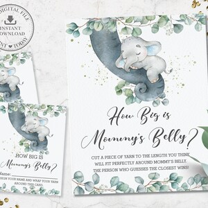 Quão grande é o cartão de sinalização da barriga da mamãe, DOWNLOAD INSTANTÂNEO, Verdura Fofo Elefante Adormecido Menino Chá de Bebê Atividade de jogo DIY PDF para impressão EP10