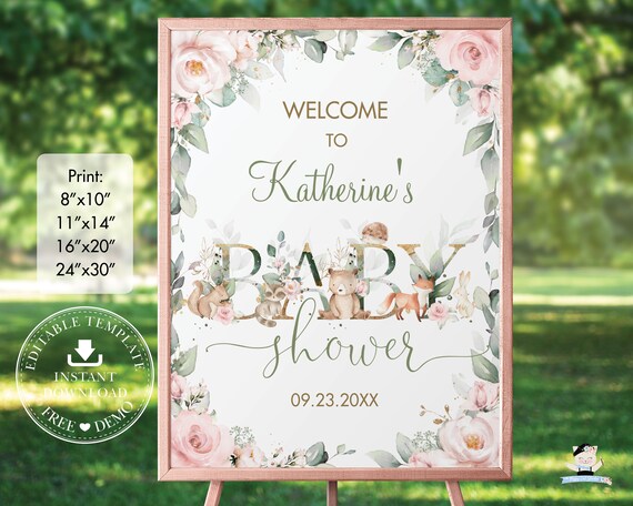 Woodland Animals Baby Shower Welcome Sign, EDITABLE TEMPLATE, Soft Blush Pink Floral Greenery Girl Flowers Decor Pdf, INSTANT Download, WG12 Il_570xn