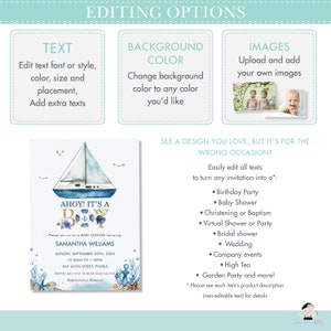 May include: Ahoy! It's a Boy baby shower invitation featuring a watercolour illustration of a sailboat on a blue and white background. The invitation includes the text "Ahoy! It's a Boy" and the name "Samantha Williams".