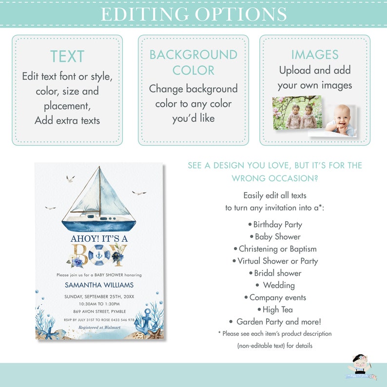 May include: Ahoy! It's a Boy baby shower invitation featuring a watercolour illustration of a sailboat on a blue and white background. The invitation includes the text "Ahoy! It's a Boy" and the name "Samantha Williams".