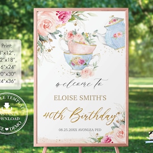 EDITABLE Chic Blush Floral High Tea Party Welcome Sign Royal Bridal Baby Shower Birthday Vintage Teapot Cups Decor Printable Download TP5