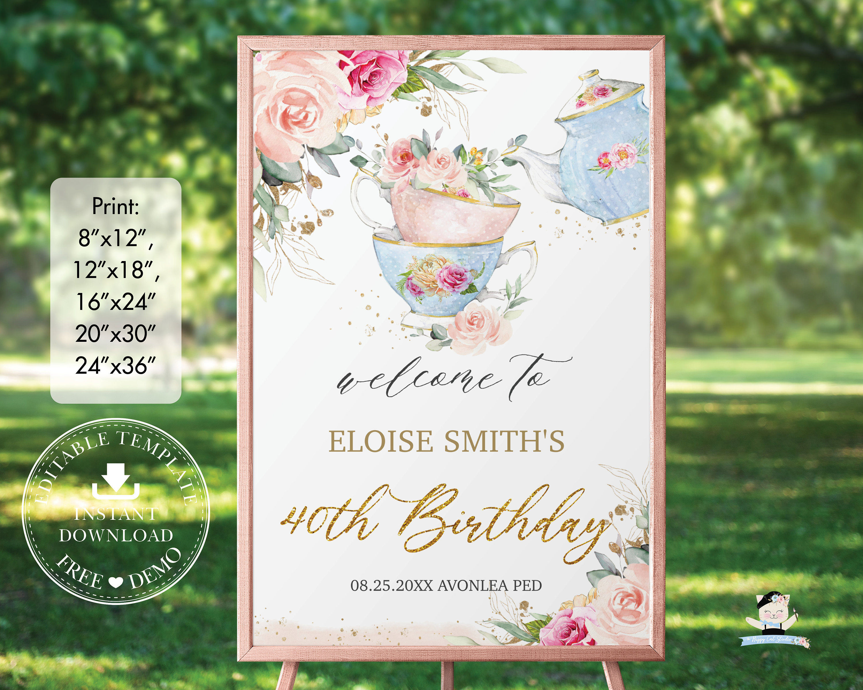 EDITABLE Chic Blush Floral High Tea Party Welcome Sign Royal Bridal Baby Shower Birthday Vintage Teapot Cups Decor Printable Download TP5