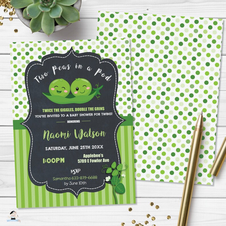 May include: A green and white baby shower invitation with a chalkboard background. The invitation features two cartoon peas in a pod with the text "Two peas in a pod" and "Twice the giggles, double the grins. You're invited to a baby shower for twins! Honoring Naomi Watson. Saturday, June 25th 20XX. 1:00PM. Applebee's 5789 E Fowler Ave. RSVP Samantha 633-879-6688 by June 10th."