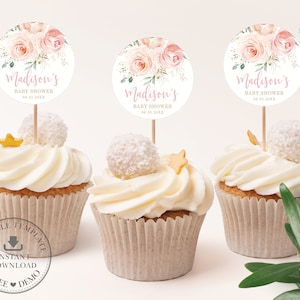 EDITIERBARE VORLAGE Blush Floral 5 cm Kreis Runde Etiketten Cupcake Toppers, Blumen Geburtstag Baby Brautparty Danke Gefälligkeiten Printable, PK5