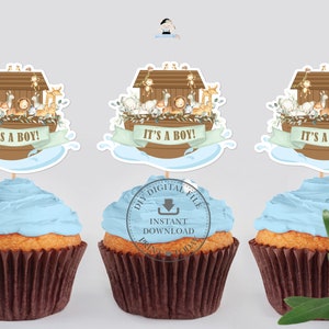 Noah&#39;s Ark It&#39;s a Boy Cupcake Toppers, INSTANT DOWNLOAD, Cute Animals Noahs Arc Blue Green Elephant Giraffe, PRINTABLE Files Baby Shower NA1
