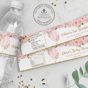 Globo aerostático Blush Pink Floral Botella de agua Etiquetas imprimibles PLANTILLA EDITABLE Envoltura de pegatinas Favor Baby Shower 1er cumpleaños Bautismo HB2