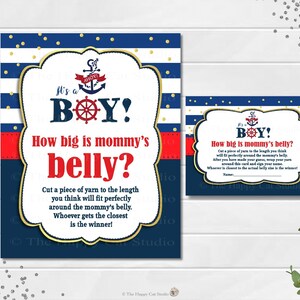 Qual o tamanho da barriga da mamãe, jogo de chá de bebê, Medir a barriga da mamãe, Cartas, Jogo, Atividade Náutica para Imprimir, Marinha de Marinheiro, Ahoy, é um menino, NT1