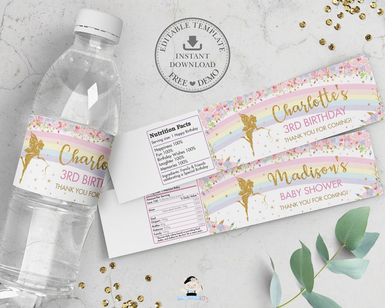 Fairy Water Bottle Labels EDITABLE TEMPLATE Sticker Wrapper Favors Pink Floral Rainbow Gold Printable Baby Shower Birthday